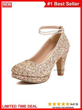 Women PU Leather Heels Round Toe Ankle Strap Pumps Wedding Party Shoes